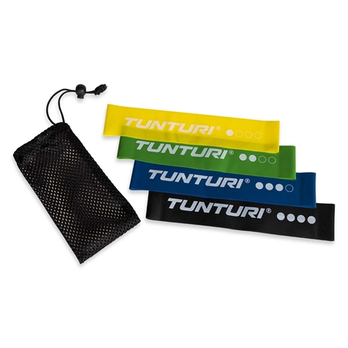 Dette er et Tunturi Mini Resistance Band Set 4 stk, elastikkerne er gul, grøn, blå og sort