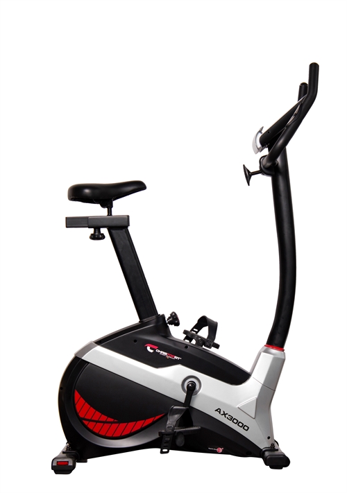 Dette er en Top Sport AX 3000 Motionscykel m. Ergometer, motioncyklen er sort og hvid med røde accenter