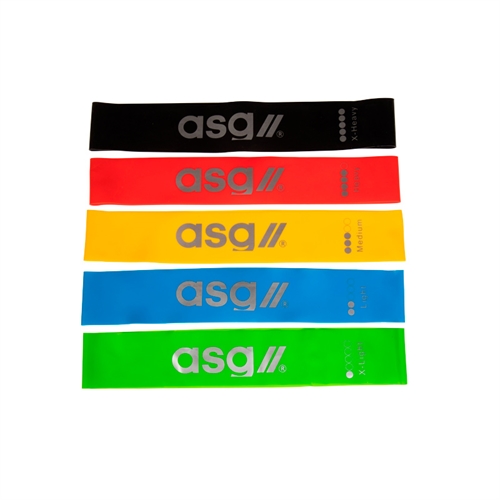 Dette er et sæt trænings elastikker i sort, rød, gul, blå og grøn