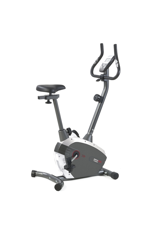 Dette er en TOORX BRX 55 Motionscykel, motioncyklen er grå og sølv-farvet med rød og hvid tekst på siden 