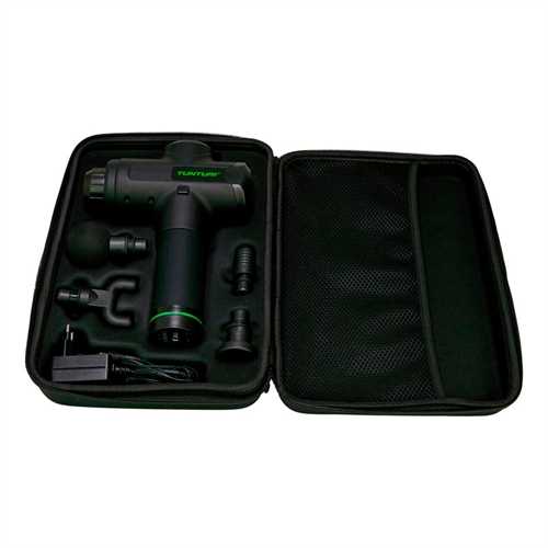 dette er Tunturi Massage Pistol vist i sin kasse, pistolen er sort med grønne detaljer.