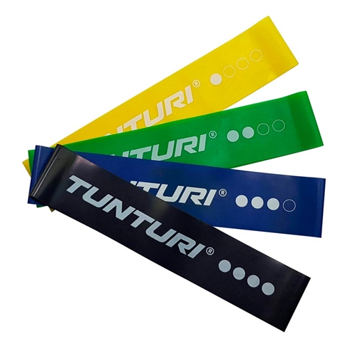 Dette er et Tunturi Mini Resistance Band Set 4 stk, elastikkerne er gul, grøn, blå og sort